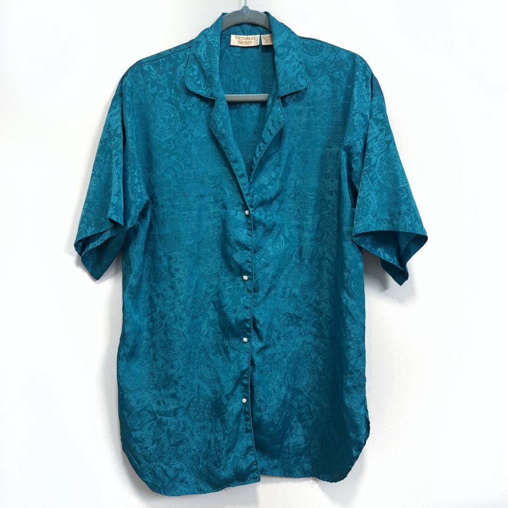 Vintage Victoria’s Secret Gold Label Floral Jacquard Satin Sleep Shirt in Teal
